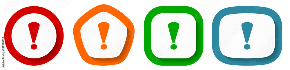 Aufkleber Exclamation sign vector icon set, flat design vector illustration in 4 colors options for webdesign and mobile applications