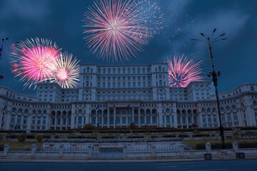 Celebratory fireworks for new year over The Palace of the Parliament, Bucharest, Romania. during...