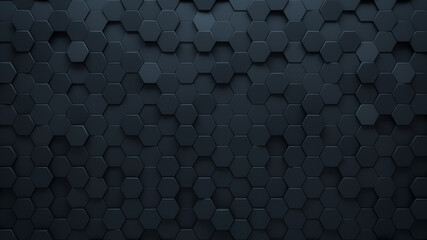 Futuristic, High Tech, dark background, with a hexagonal cellular structure. Wall texture with a 3D hexagon tile pattern. 3D render