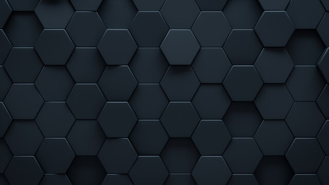Futuristic, High Tech, dark background, with a hexagonal cellular structure. Wall texture with a 3D hexagon tile pattern. 3D render