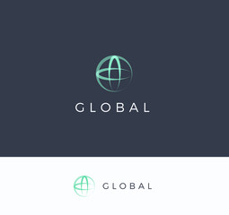Round sphere with cross vector logo concept. Global universal technology isolated icon on dark background. Network abstract sign for business and developing startup
