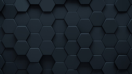 Futuristic, High Tech, dark background, with a hexagonal cellular structure. Wall texture with a 3D hexagon tile pattern. 3D render