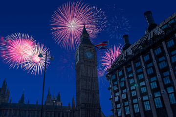 Celebratory fireworks for new year over big ben tower or clock in London, united kingdom ( UK )...