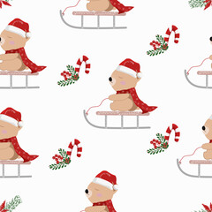 Vector illustration of a bear cub on a sleigh. Holiday vector Wallpaper. Seamless background with Christmas bears on a sleigh on a white background. Vector illustration, cute repeating pattern 