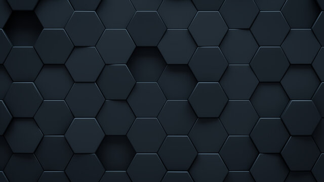 Futuristic, High Tech, dark background, with a hexagonal cellular structure. Wall texture with a 3D hexagon tile pattern. 3D render