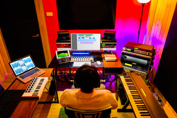 modern home recording studio showing professional digital audio recording equipment for music production, post production and voiceover acting