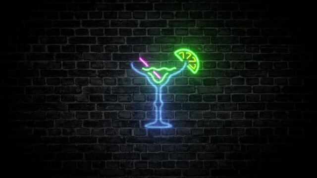 Tropical cocktail Margarita drink bar  light neon sign brick wall background animation 