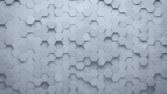 Futuristic, High Tech, light background, with a hexagonal cellular structure. Wall texture with a 3D hexagon tile pattern. 3D render
