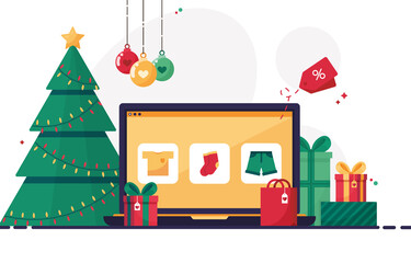 Christmas shopping online through a laptop. Ordering gifts at home. Preparing presents for the holidays, Christmas, xmas and New Year. Sale in the e store. Colorful
