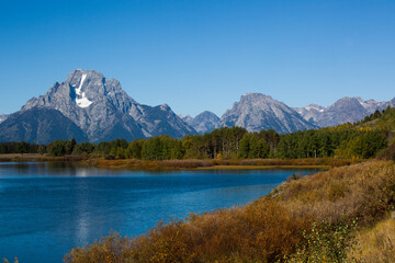 Mountain in the Teton range reflected in the Snake River