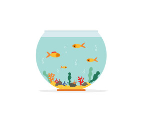 Goldfish in fishbowl. Aquarium with swimming gold exotic fish. Underwater aquarium habitat with sea plants. Flat vector drawn illustration, isolated objects.