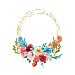 Watercolor gold foliage geometric frame. Isolated oval polygonal frame. Boho Bouquet. Bright flowers and feathers. For wedding design, invitations, bridal shower