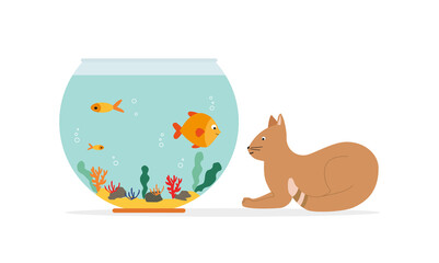 Aquarium with swimming gold exotic fish. Cute cat sit near aquarium with swimming  gold exotic fish. Flat vector drawn illustration, isolated objects.
