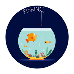 Goldfish in fishbowl, fishing. Aquarium with swimming gold exotic fish. Underwater aquarium habitat with sea plants. Flat vector drawn illustration, isolated objects.