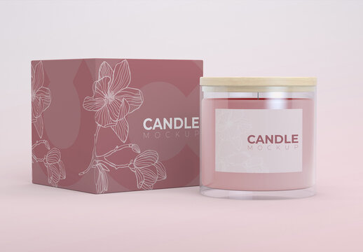 Candle in Glass Jar with Wooden Cover and Paper Box Mockup