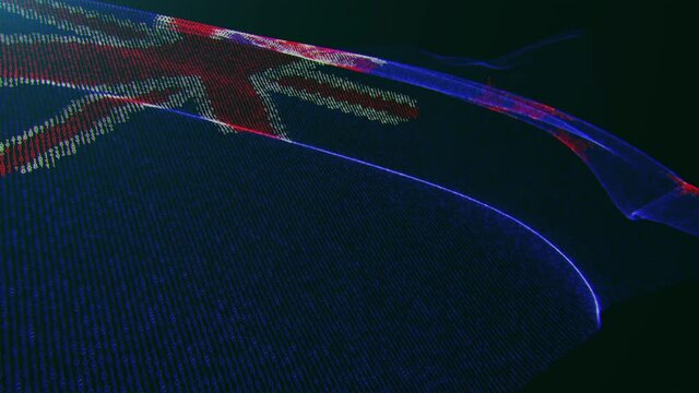3d render. New Zealand digital flag with binary code texture flies in the wind. Seamless loop.