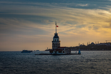 Fototapeta na wymiar Istanbul, Turkey - September 2020:Maiden's Tower or Kiz Kulesi located in the middle of Bosporus in the beautiful twilight