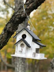 white bird house hanging on tree