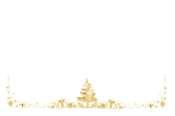 Watercolor Paint Christmas ornaments card frame Pine center and stars gold Metallic Elegant handmade painting bush