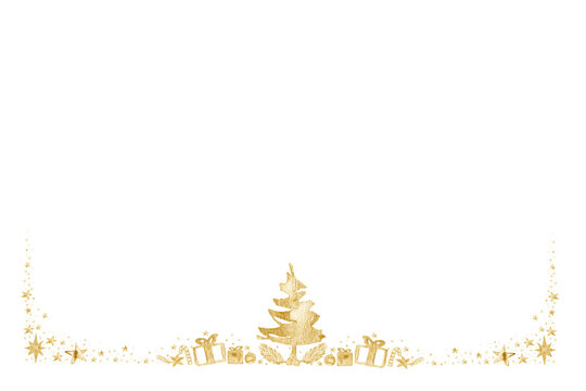 Watercolor Paint Christmas ornaments card frame Pine center and stars gold Metallic Elegant handmade painting bush