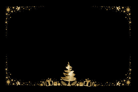Watercolor Paint Christmas ornaments card frame Pine center and stars gold Metallic Elegant handmade painting bush