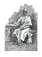Indian man in tradition pyjamas and cap, seated with a book, 1800s, from India. Black and white illustration.