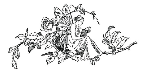 Lady reading a book in vines fairy with wings, black and white.