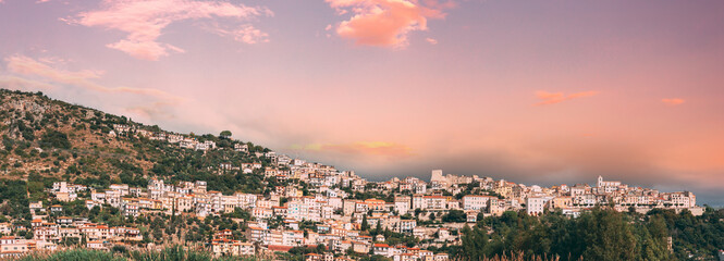 Monte San Biagio, Italy. Top View Of Residential Area. Cityscape In Autumn. Altered Sunset Sky