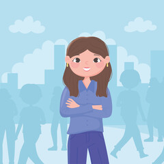 confident business woman standing with folded arms in the crowded place