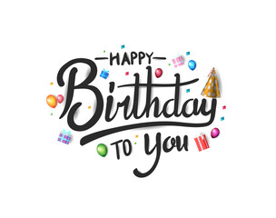 Obraz premium happy birthday typography black color vector design with birthday party element isolated on white background can be use for background, poster and template