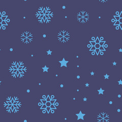 Snow vector pattern. Snowflake and stars seamless texture. Winter background. Vector elements.