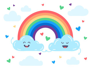 Clouds and rainbow. Smiling cute clouds,  rainbow and hearts in blue sky vector illustration