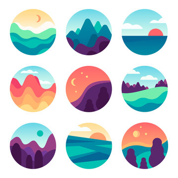 Nature landscape gradient vector icons of forest, mountains and ocean. Colorful nature landscapes rounded icons with beautiful lake and grass lawns, gardens or forests. Vector flat illustration