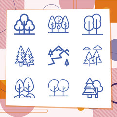 Simple set of 9 icons related to pines
