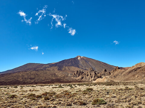 Amazing view of volcano of Teide in Tenerife, Spain on background of clear blue sky