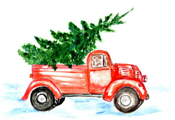 Red car and fir tree