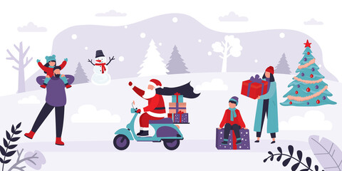 Santa Claus delivers gifts on motorbike. Santa claus carrying presents for christmas and new year. Happy People are waiting and receiving gifts.