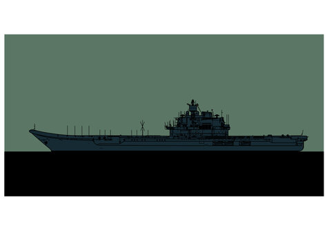 Projekt 1143.5 Soviet aircraft carrier. Admiral Kuznetsov. Liaoning. Vector image for illustrations and infographics.