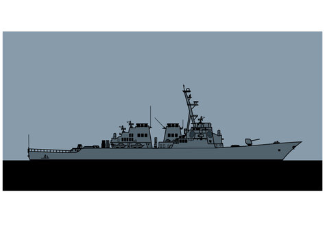 US Navy Arleigh Burke-class guided missile destroyer. Vector image for illustrations and infographics.
