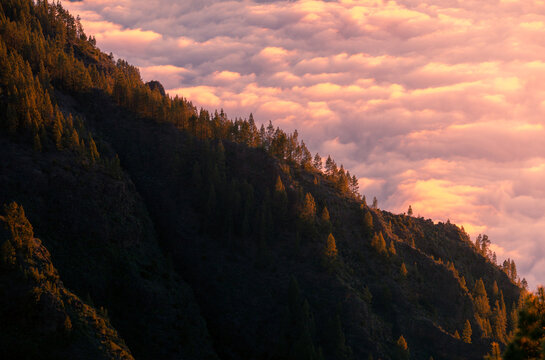 Aerial view over amazing mountainous landscape with clouds in morning in Tenerife