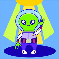The picture shows a cute alien. UFO. Against the background of light from a flying saucer.

