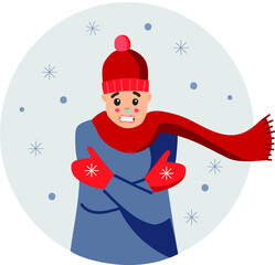 The picture shows a cute character someone is freezing and frostbite begins. Red cheeks and nose, pinched posture.