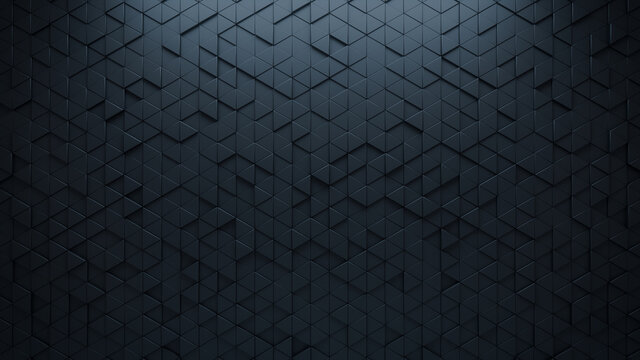 Futuristic, High Tech, dark background, with a triangular block structure. Wall texture with a 3D triangle tile pattern. 3D render