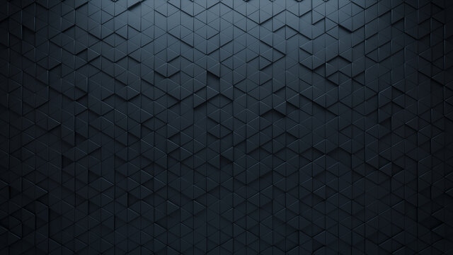 Futuristic, High Tech, dark background, with a triangular block structure. Wall texture with a 3D triangle tile pattern. 3D render