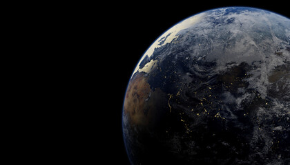 Planet earth in view from outer space with copy space for your titles or text. Europe dives into the night with lights are on. (3D Illustration).