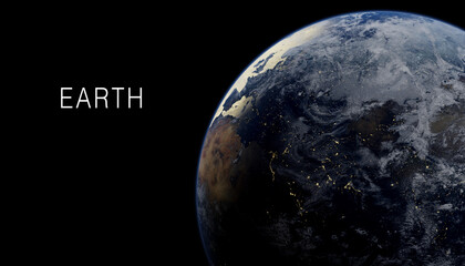 Planet earth in view from outer space with copy space for your titles or text. Europe dives into the night with lights are on. (3D Illustration).