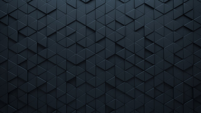 Futuristic, High Tech, dark background, with a triangular block structure. Wall texture with a 3D triangle tile pattern. 3D render