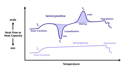 Obraz premium DSC curve isolated on white. Differential scanning calorimetry. Amorphous and semicrystalline polymer analysis. Heat flow, heat capacity depending on the temperature. Material characterization.