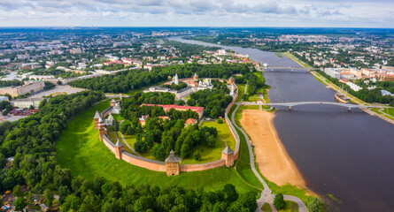 View of the beautiful ancient Veliky Novgorod, the old part of the city and the Kremlin in summer...