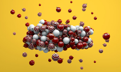 Christmas background. Bright Christmas balls. Flying Christmas red balls. Dynamic drop of balls. New Year. Festive background. 3d rendering.